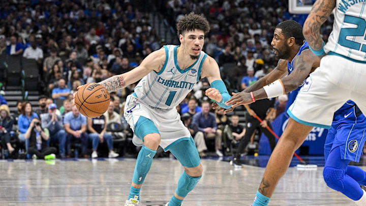Nov 5, 2023; Dallas, Texas, USA; Charlotte Hornets guard LaMelo Ball (1) in action during the game between the Dallas Mavericks and the Charlotte Hornets at the American Airlines Center. Mandatory Credit: Jerome Miron-Imagn Images