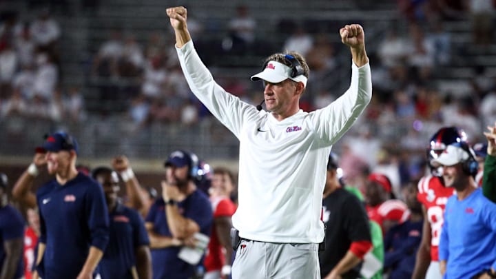 Aug 30, 2025; Oxford, Mississippi, USA; Mississippi Rebels head coach Lane Kiffin gestures during the fourth quarter against the Georgia State Panthers at Vaught-Hemingway Stadium. Mandatory Credit: Petre Thomas-Imagn Images