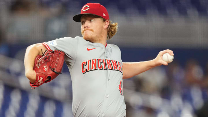 Cincinnati Reds starting pitcher Andrew Abbott (41) pitches against the Miami Marlins in the first inning at loanDepot Park in Miami on Aug. 7, 2024.