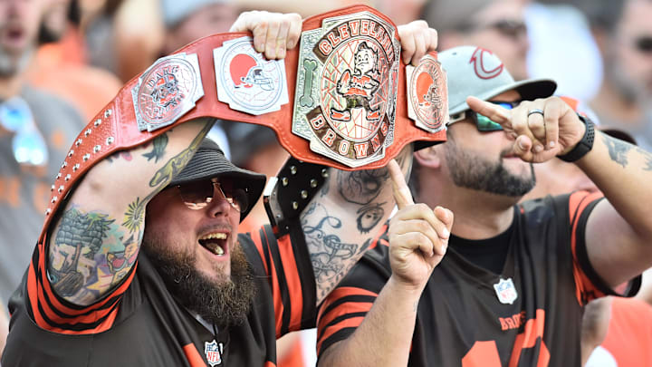 Sep 19, 2021; Cleveland, Ohio, USA; Cleveland Browns fans cheer during the second half against the Houston Texans at FirstEnergy Stadium. Mandatory Credit: Ken Blaze-Imagn Images