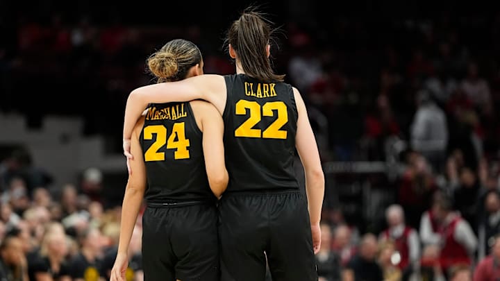Jan 23, 2023; Columbus, OH, USA; Iowa Hawkeyes guard Caitlin Clark (22) puts her arm around guard Gabbie Marshall (24) din the final seconds of the second half of the NCAA women's basketball game against the Ohio State Buckeyes at Value City Arena. Ohio State lost 83-72. Mandatory Credit: Adam Cairns-The Columbus Dispatch
Basketball Ceb Wbk Iowa Iowa At Ohio State Jan 23, 2023; Columbus, OH, USA; Iowa Hawkeyes guard Caitlin Clark (22) puts her arm around guard Gabbie Marshall (24) din the final seconds of the second half of the NCAA women's basketball game against the Ohio State Buckeyes at Value City Arena. Ohio State lost 83-72. Mandatory Credit: Adam Cairns-The Columbus Dispatch
Basketball Ceb Wbk Iowa Iowa At Ohio State