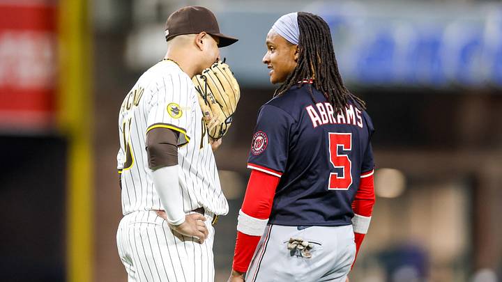 Jun 24, 2025; San Diego, California, USA; San Diego Padres third baseman Manny Machado (13) talks with Washington Nationals shortstop CJ Abrams (5) during the sixth inning at Petco Park. Mandatory Credit: David Frerker-Imagn Images Jun 24, 2025; San Diego, California, USA; San Diego Padres third baseman Manny Machado (13) talks with Washington Nationals shortstop CJ Abrams (5) during the sixth inning at Petco Park. Mandatory Credit: David Frerker-Imagn Images