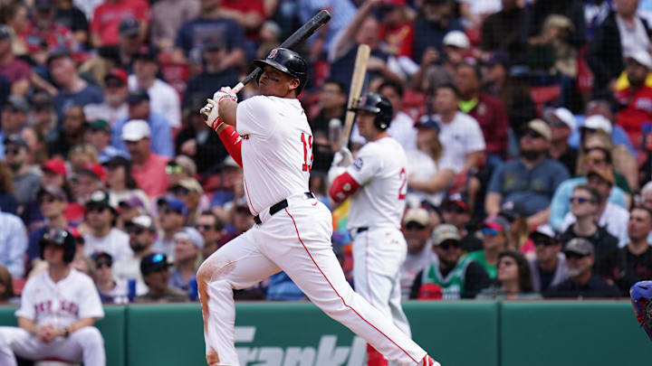 May 8, 2025; Boston, Massachusetts, USA; Boston Red Sox designated hitter Rafael Devers (11) hits a home run against the Texas Rangers in the seventh inning at Fenway Park. Mandatory Credit: David Butler II-Imagn Images May 8, 2025; Boston, Massachusetts, USA; Boston Red Sox designated hitter Rafael Devers (11) hits a home run against the Texas Rangers in the seventh inning at Fenway Park. Mandatory Credit: David Butler II-Imagn Images