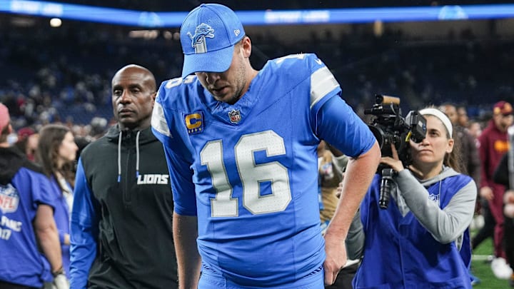 Detroit Lions quarterback Jared Goff (16) walks off the field after 45-31 loss to Washington Commanders at the NFC divisional round at Ford Field in Detroit on Saturday, Jan. 18, 2025. Detroit Lions quarterback Jared Goff (16) walks off the field after 45-31 loss to Washington Commanders at the NFC divisional round at Ford Field in Detroit on Saturday, Jan. 18, 2025.