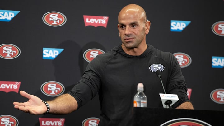 Jul 24, 2025; Santa Clara, CA, USA; San Francisco 49ers defensive coordinator Robert Saleh answers questions from reporters following the second day of training camp. Mandatory Credit: D. Ross Cameron-Imagn Images Jul 24, 2025; Santa Clara, CA, USA; San Francisco 49ers defensive coordinator Robert Saleh answers questions from reporters following the second day of training camp. Mandatory Credit: D. Ross Cameron-Imagn Images
