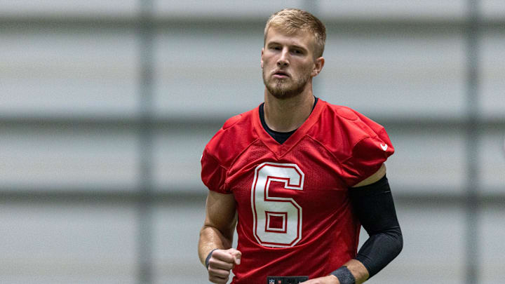 May 10, 2025; New Orleans, LA, USA;  New Orleans Saints quarterback Tyler Shough (6) during rookie minicamp at Ochsner Sports Performance Center. Mandatory Credit: Stephen Lew-Imagn Images