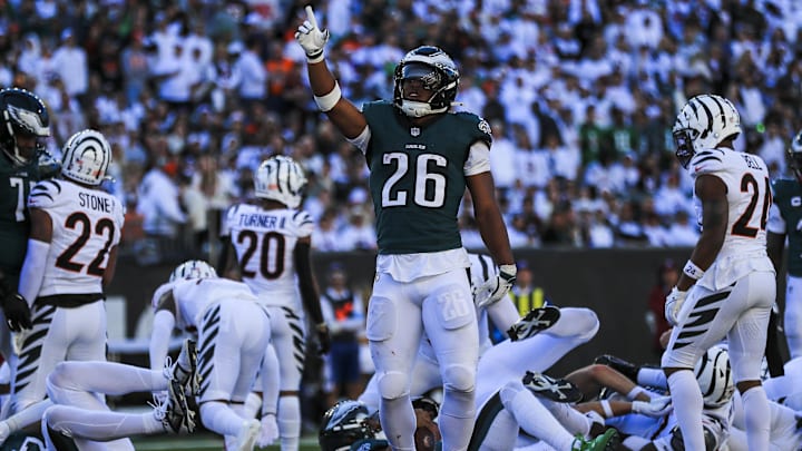 Oct 27, 2024; Cincinnati, Ohio, USA; Philadelphia Eagles running back Saquon Barkley (26) reacts after quarterback Jalen Hurts (not pictured) scores a touchdown against the Cincinnati Bengals in the second half at Paycor Stadium. Mandatory Credit: Katie Stratman-Imagn Images