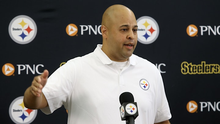 Jul 27, 2023; Latrobe, PA, USA;  Pittsburgh Steelers general manager Omar Khan addresses the media prior to the start of training camp at Saint Vincent College. Mandatory Credit: Charles LeClaire-Imagn Images