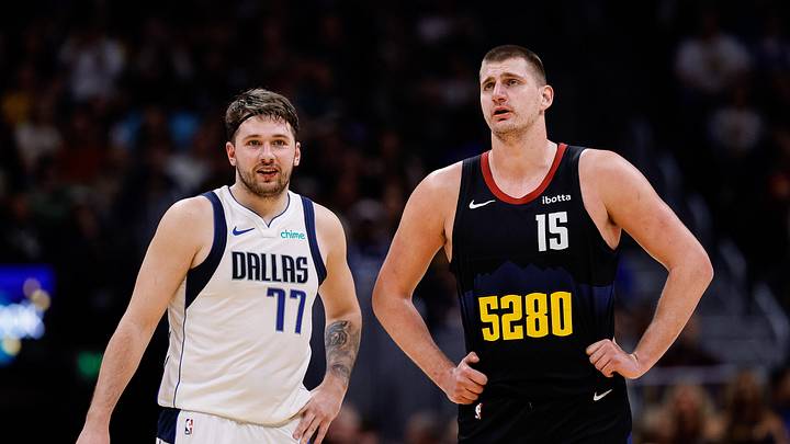Dec 18, 2023; Denver, Colorado, USA; Dallas Mavericks guard Luka Doncic (77) and Denver Nuggets center Nikola Jokic (15) in the second quarter at Ball Arena. Dec 18, 2023; Denver, Colorado, USA; Dallas Mavericks guard Luka Doncic (77) and Denver Nuggets center Nikola Jokic (15) in the second quarter at Ball Arena.