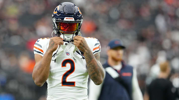 Sep 28, 2025; Paradise, Nevada, USA; Chicago Bears wide receiver DJ Moore (2) warms up prior to the game against the Las Vegas Raiders at Allegiant Stadium. Mandatory Credit: Stephen R. Sylvanie-Imagn Images