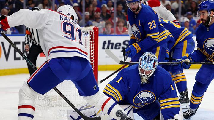 May 18, 2026; Buffalo, New York, USA; Buffalo Sabres goaltender Ukko-Pekka Luukkonen (1) makes a save on Montréal Canadiens center Oliver Kapanen (91) during the first period in game seven of the second round of the 2026 Stanley Cup Playoffs at KeyBank Center. Mandatory Credit: Timothy T. Ludwig-Imagn Images May 18, 2026; Buffalo, New York, USA; Buffalo Sabres goaltender Ukko-Pekka Luukkonen (1) makes a save on Montréal Canadiens center Oliver Kapanen (91) during the first period in game seven of the second round of the 2026 Stanley Cup Playoffs at KeyBank Center. Mandatory Credit: Timothy T. Ludwig-Imagn Images