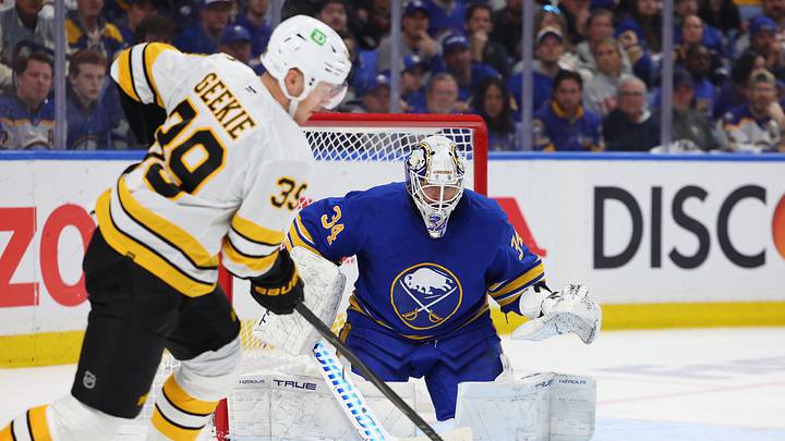 Apr 28, 2026; Buffalo, New York, USA; Boston Bruins center Morgan Geekie (39) looks to take a shot on Buffalo Sabres goaltender Alex Lyon (34) during the third period in game five of the first round of the 2026 Stanley Cup Playoffs at KeyBank Center. Mandatory Credit: Timothy T. Ludwig-Imagn Images Apr 28, 2026; Buffalo, New York, USA; Boston Bruins center Morgan Geekie (39) looks to take a shot on Buffalo Sabres goaltender Alex Lyon (34) during the third period in game five of the first round of the 2026 Stanley Cup Playoffs at KeyBank Center. Mandatory Credit: Timothy T. Ludwig-Imagn Images