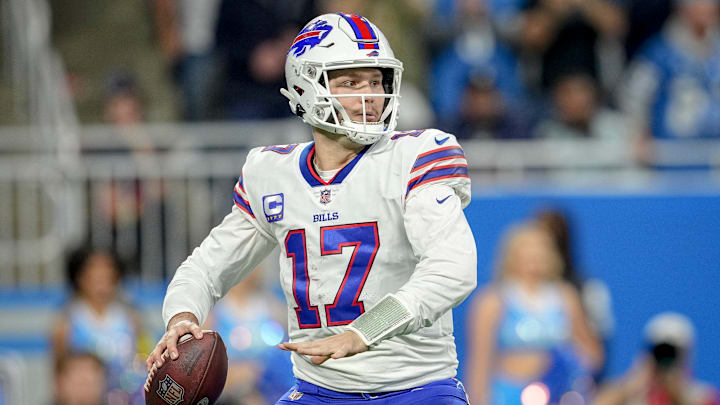 Buffalo Bills quarterback Josh Allen gets to pass against the Detroit Lions on Thanksgiving Day in 2022