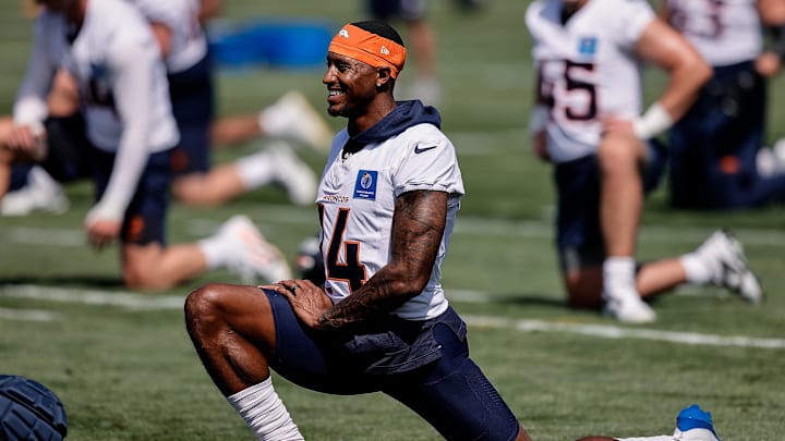 Jul 23, 2025; Englewood, CO, USA; Denver Broncos wide receiver Courtland Sutton (14) during Denver Broncos Training Camp. Mandatory Credit: Isaiah J. Downing-Imagn Images