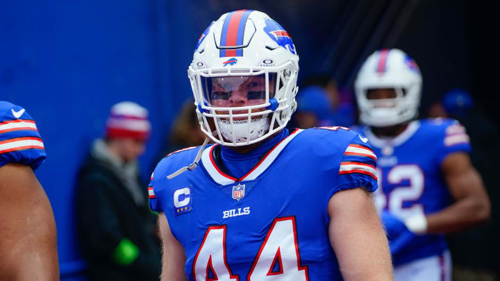 Dec 31, 2023; Orchard Park, New York, USA;  Buffalo Bills linebacker Tyler Matakevich (44) walks out to the field prior to the game against the New England Patriots at Highmark Stadium. Mandatory Credit: Gregory Fisher-USA TODAY Sports