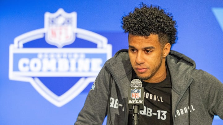 Mar 1, 2024; Indianapolis, IN, USA;  Florida State quarterback Jordan Travis (QB13) talks to the media during the 2024 NFL Combine at Lucas Oil Stadium. Mandatory Credit: Trevor Ruszkowski-Imagn Images