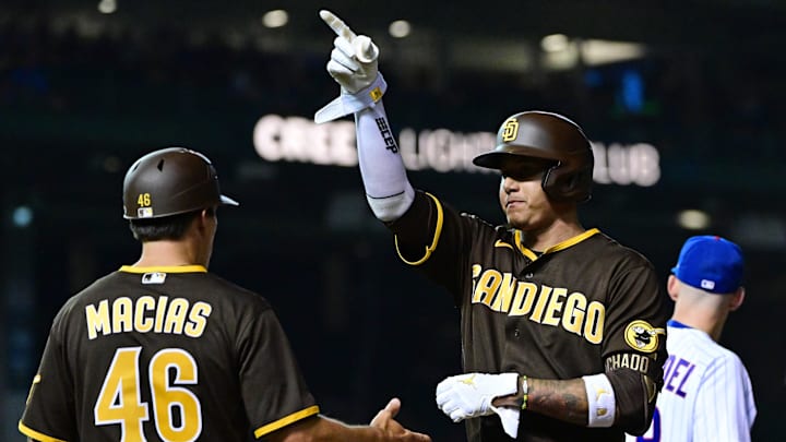 San Diego Padres third baseman Manny Machado points to the dugout in their win over the Chicago Cubs Monday night in Chicago.
