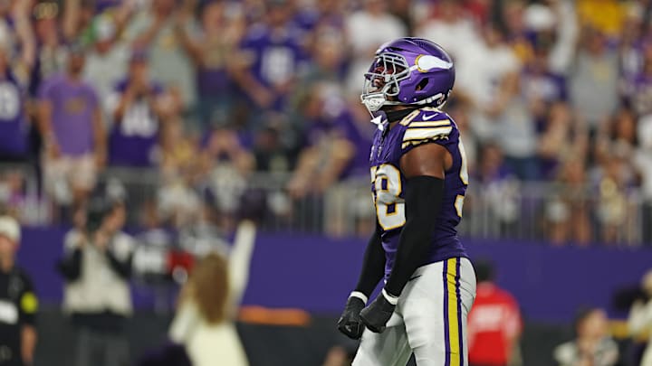 Sep 14, 2025; Minneapolis, Minnesota, USA; Minnesota Vikings linebacker Jonathan Greenard (58) celebrates a sack during the second half against the Atlanta Falcons at U.S. Bank Stadium. Mandatory Credit: Matt Krohn-Imagn Images