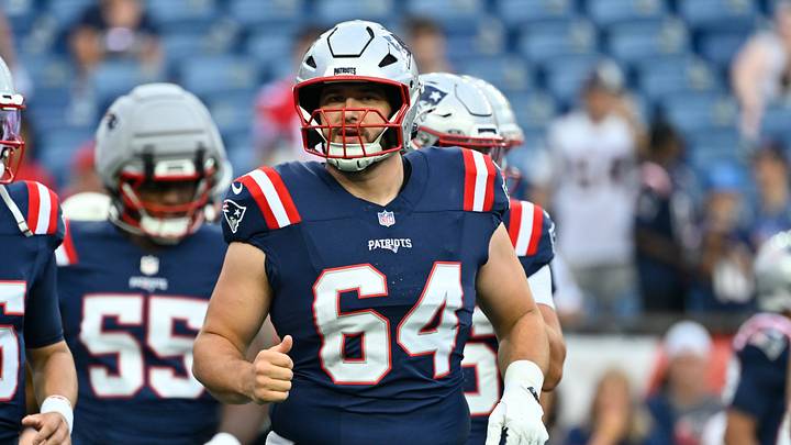 Aug 13, 2026; Foxborough, Massachusetts, USA; New England Patriots offensive lineman Jacob Rizy (64) runs onto the field to warm up before a game against the Indianapolis Colts at Gillette Stadium. Mandatory Credit: Eric Canha-Imagn Images Aug 13, 2026; Foxborough, Massachusetts, USA; New England Patriots offensive lineman Jacob Rizy (64) runs onto the field to warm up before a game against the Indianapolis Colts at Gillette Stadium. Mandatory Credit: Eric Canha-Imagn Images