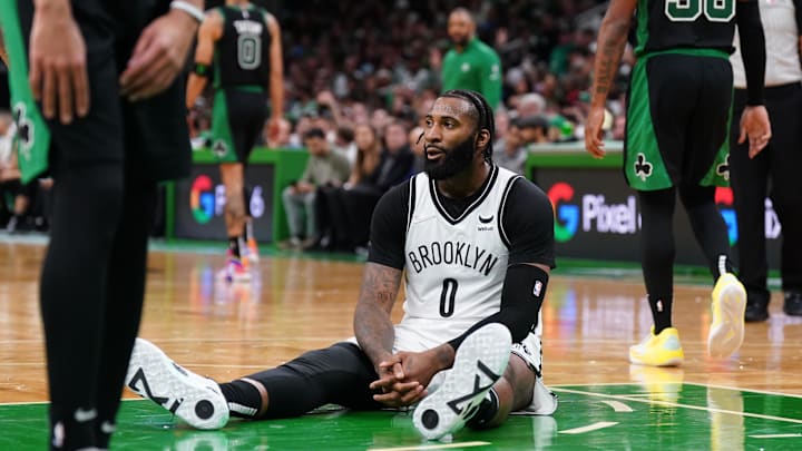 Apr 17, 2022; Boston, Massachusetts, USA; Brooklyn Nets center Andre Drummond (0) reacts after a play against the Boston Celtics in the second quarter during game one of the first round for the 2022 NBA playoffs at TD Garden. Mandatory Credit: David Butler II-Imagn Images Apr 17, 2022; Boston, Massachusetts, USA; Brooklyn Nets center Andre Drummond (0) reacts after a play against the Boston Celtics in the second quarter during game one of the first round for the 2022 NBA playoffs at TD Garden. Mandatory Credit: David Butler II-Imagn Images