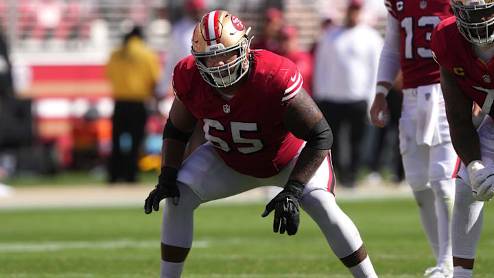 Oct 6, 2024; Santa Clara, California, USA; San Francisco 49ers guard Aaron Banks (65) during the second quarter against the Arizona Cardinals at Levi's Stadium. Mandatory Credit: Darren Yamashita-Imagn Images