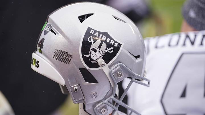 Dec 25, 2023; Kansas City, Missouri, USA; A general view of a Las Vegas Raiders helmet against the Dec 25, 2023; Kansas City, Missouri, USA; A general view of a Las Vegas Raiders helmet against the