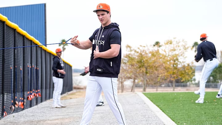 Detroit Tigers pitcher Jackson Jobe practices during spring training at TigerTown in Lakeland, Fla. on Wednesday, Feb. 11, 2026. Detroit Tigers pitcher Jackson Jobe practices during spring training at TigerTown in Lakeland, Fla. on Wednesday, Feb. 11, 2026.