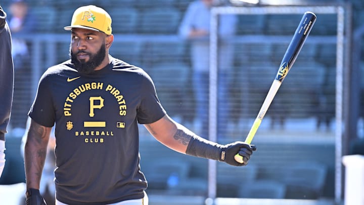 Feb 25, 2026; North Port, Florida, USA;  Pittsburgh Pirates designated hitter Marcell Ozuna (24) prepares to take batting practice before the start of the game against the Atlanta Braves  during spring training at CoolToday Park. Mandatory Credit: Jonathan Dyer-Imagn Images
