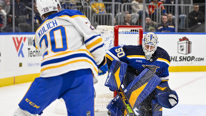 Dec 29, 2024; St. Louis, Missouri, USA;  St. Louis Blues goaltender Jordan Binnington (50) gives up a goal to Buffalo Sabres center Jiri Kulich (20) during the third period at Enterprise Center. Mandatory Credit: Jeff Curry-Imagn Images