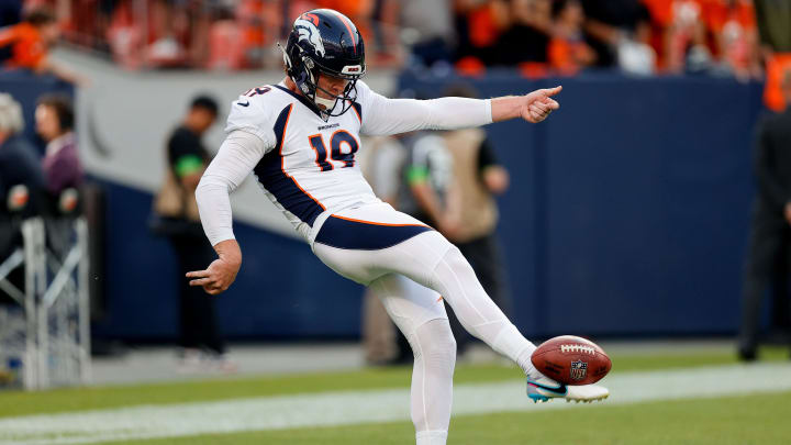 Aug 26, 2023; Denver, Colorado, USA; Denver Broncos punter Riley Dixon (19) warms up before the game against the Los Angeles Rams at Empower Field at Mile High. Mandatory Credit: Isaiah J. Downing-USA TODAY Sports
