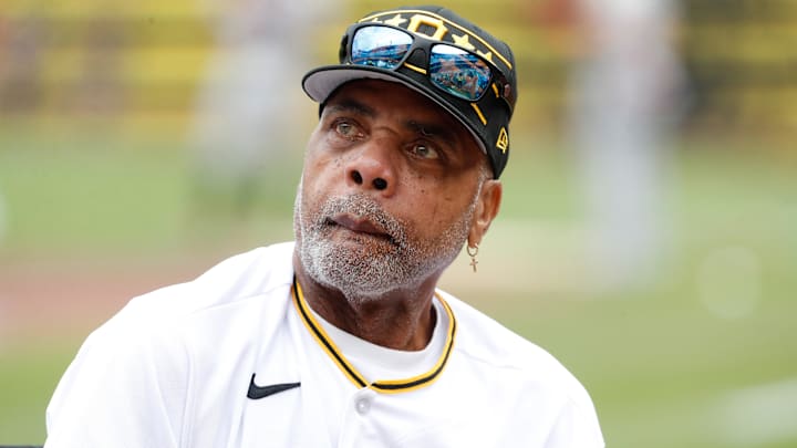 May 25, 2024; Pittsburgh, Pennsylvania, USA;  Pittsburgh Pirates former right fielder and 1978 MVP Dave Parker  looks on during a ceremony honoring the 1979 World Series team before the Pirates host the Atlanta Braves at PNC Park. Mandatory Credit: Charles LeClaire-Imagn Images