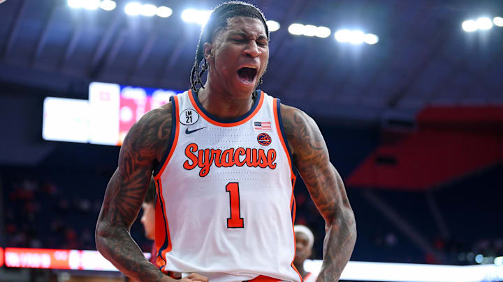 Jan 13, 2026; Syracuse, New York, USA; Syracuse Orange forward Donnie Freeman (1) reacts to a play during the second half against the Florida State Seminoles at the JMA Wireless Dome. Mandatory Credit: Rich Barnes-Imagn Images