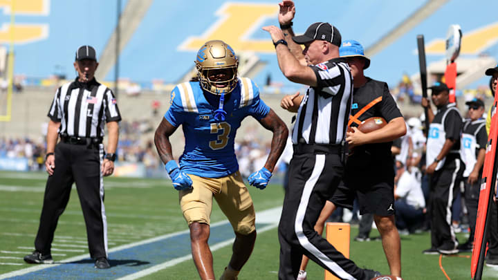UCLA Bruins wide receiver Kwazi Gilmer (3) reacts after scoring a touchdown against Penn State Nittany Lions during the first quarter at Rose Bowl. 