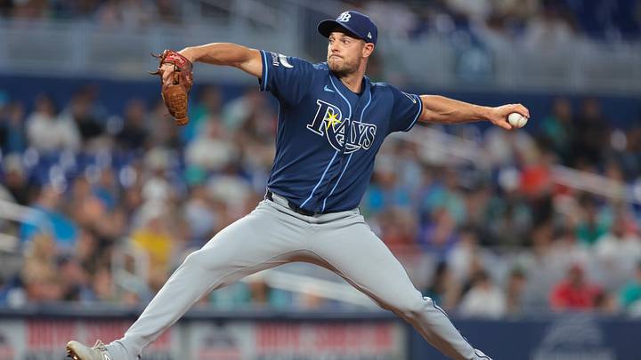 Jun 7, 2026; Miami, Florida, USA; Tampa Bay Rays pitcher Steven Matz (32) delivers a pitch against the Miami Marlins during the seventh inning at loanDepot Park. 