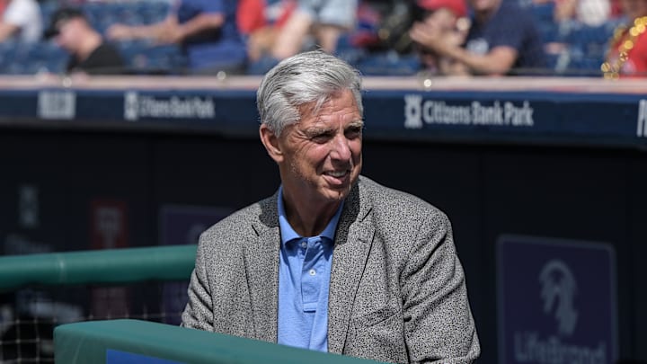 Jun 24, 2023; Philadelphia, Pennsylvania, USA; Philadelphia Phillies President of Baseball Operations Dave Dombrowski prior to the game against the New York Mets at Citizens Bank Park. Jun 24, 2023; Philadelphia, Pennsylvania, USA; Philadelphia Phillies President of Baseball Operations Dave Dombrowski prior to the game against the New York Mets at Citizens Bank Park.