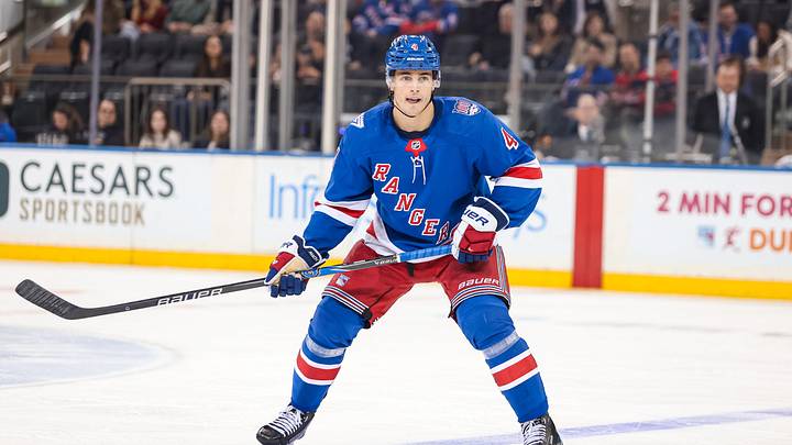 Apr 5, 2026; New York, New York, USA; New York Rangers defenseman Braden Schneider (4) skates against the Washington Capitals during the second period at Madison Square Garden. Apr 5, 2026; New York, New York, USA; New York Rangers defenseman Braden Schneider (4) skates against the Washington Capitals during the second period at Madison Square Garden.