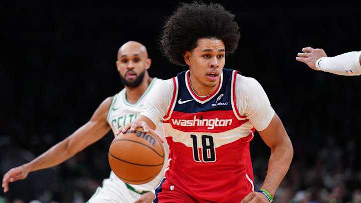 Nov 5, 2025; Boston, Massachusetts, USA; Washington Wizards forward Kyshawn George (18) returns the ball against the Boston Celtics in the first quarter at TD Garden. Mandatory Credit: David Butler II-Imagn Images