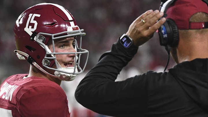 Aug 31, 2024; Tuscaloosa, Alabama, USA; Alabama Crimson Tide quarterback Ty Simpson (15) talks with Alabama Crimson Tide head coach Kalen DeBoer. Aug 31, 2024; Tuscaloosa, Alabama, USA; Alabama Crimson Tide quarterback Ty Simpson (15) talks with Alabama Crimson Tide head coach Kalen DeBoer.