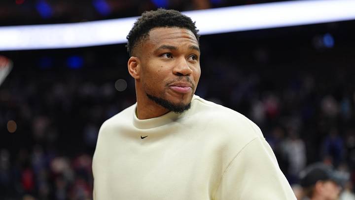 Apr 12, 2026; Philadelphia, Pennsylvania, USA; Milwaukee Bucks forward Giannis Antetokounmpo looks on after the game against the Philadelphia 76ers at Xfinity Mobile Arena. Mandatory Credit: Kyle Ross-Imagn Images