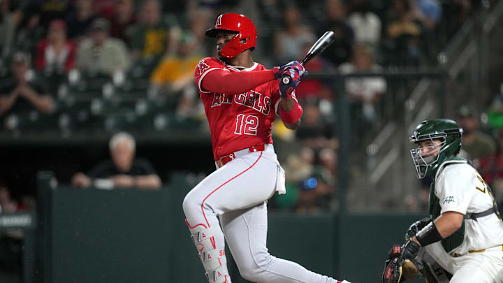 May 21, 2025; West Sacramento, Los Angeles Angels designated hitter Jorge Soler (12) hits a RBI double against the Athletics in the eighth inning at Sutter Health Park. Mandatory Credit: Cary Edmondson-Imagn Images