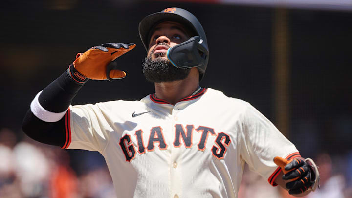 Jun 15, 2024; San Francisco, California, USA; San Francisco Giants outfielder Heliot Ramos (17) reacts after hitting a two run home run against the Los Angeles Angels during the first inning at Oracle Park.