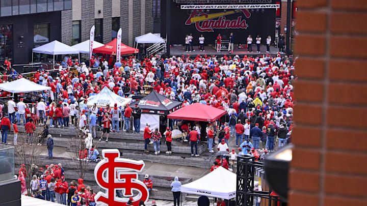 A general view as fans attend a rally before Opening Day game between the St. Louis Cardinals and the Minnesota Twins at Busch Stadium in St. Louis on March 27, 2025. A general view as fans attend a rally before Opening Day game between the St. Louis Cardinals and the Minnesota Twins at Busch Stadium in St. Louis on March 27, 2025.