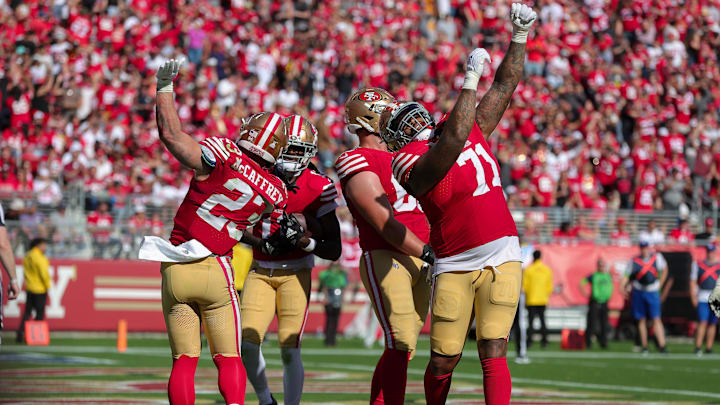 Oct 1, 2023; Santa Clara, California, USA; San Francisco 49ers running back Christian McCaffrey (23)