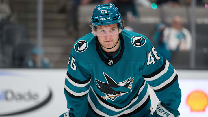 Oct 1, 2025; San Jose, California, USA; San Jose Sharks center Cam Lund (46) waits for a faceoff against the Anaheim Ducks during the second period at SAP Center at San Jose. Mandatory Credit: Robert Edwards-Imagn Images Oct 1, 2025; San Jose, California, USA; San Jose Sharks center Cam Lund (46) waits for a faceoff against the Anaheim Ducks during the second period at SAP Center at San Jose. Mandatory Credit: Robert Edwards-Imagn Images