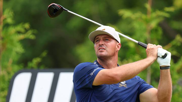 Aug 21, 2026; Westfield, Indiana, USA; Bryson DeChambeau tees off on hole five during the second round go the LIV Golf Indianapolis golf tournament at The Club at Chatham Hills. Aug 21, 2026; Westfield, Indiana, USA; Bryson DeChambeau tees off on hole five during the second round go the LIV Golf Indianapolis golf tournament at The Club at Chatham Hills.