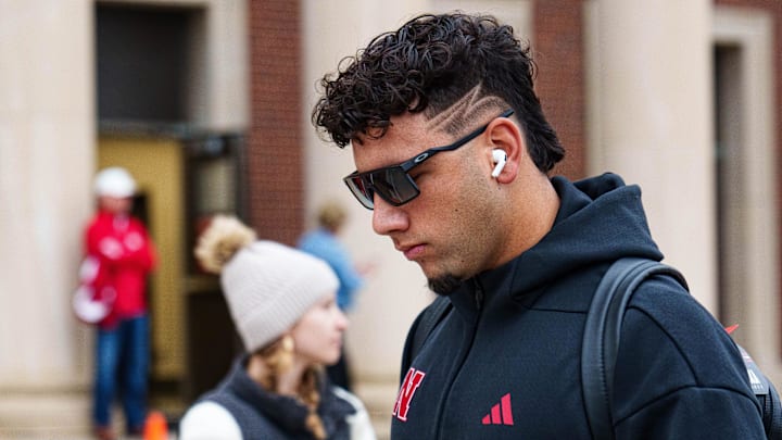 Oct 25, 2025; Lincoln, Nebraska, USA; Nebraska Cornhuskers quarterback Dylan Raiola (15) arrives before the game against the Northwestern Wildcats at Memorial Stadium. Mandatory Credit: Dylan Widger-Imagn Images