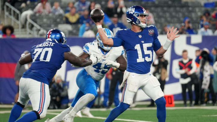 New York Giants quarterback Tommy DeVito (15) gets ready to throw the ball during the fourth quarter, Thursday, August 8, 2024, in East Rutherford.