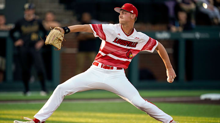 Louisville pitcher Justin West (46) pitches against Vanderbilt during the first inning at Hawkins