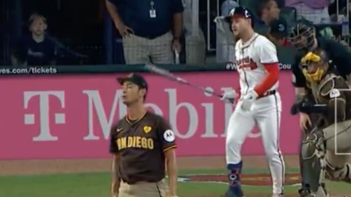 Atlanta Braves outfielder Jarred Kelenic looking disappointed after swinging and missing at a pitch from San Diego Padres starting pitcher Yu Darvish during the bottom of the fifth inning of Sunday's 9—1 Padres win at Truist Park in Atlanta, Georgia. 