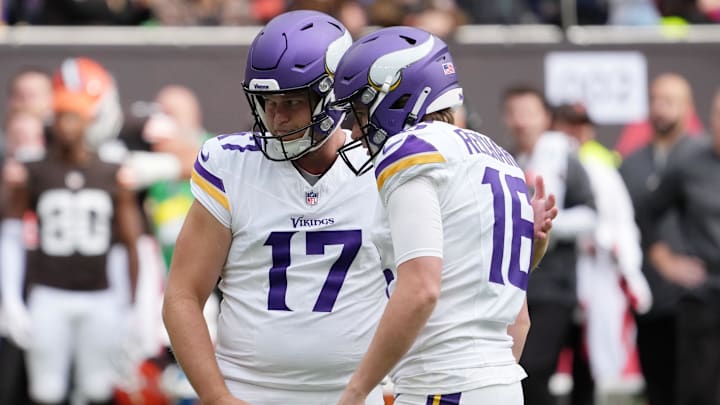 Oct 5, 2025; Tottenham, United Kingdom; Minnesota Vikings kicker Will Reichard (16) is congratulated by punter Ryan Wright (17) after kicking a point after attempt against the Cleveland Browns during the first quarter of an NFL International Series game at Tottenham Hotspur Stadium. Mandatory Credit: Kirby Lee-Imagn Images